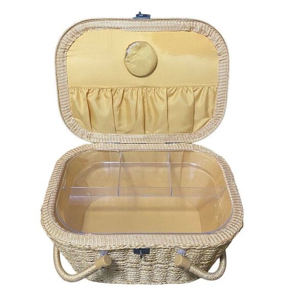 Vintage Sewing Basket With Lid & Handle Woven Straw & Fabric Retro Pattern Inclu - Picture 3 of 8